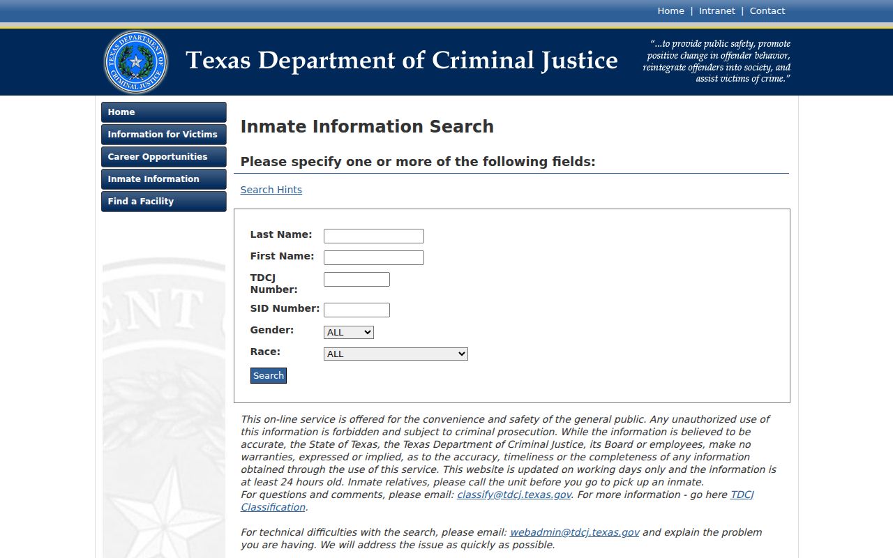 Hartley County criminal records search through the TDCJ inmate locator