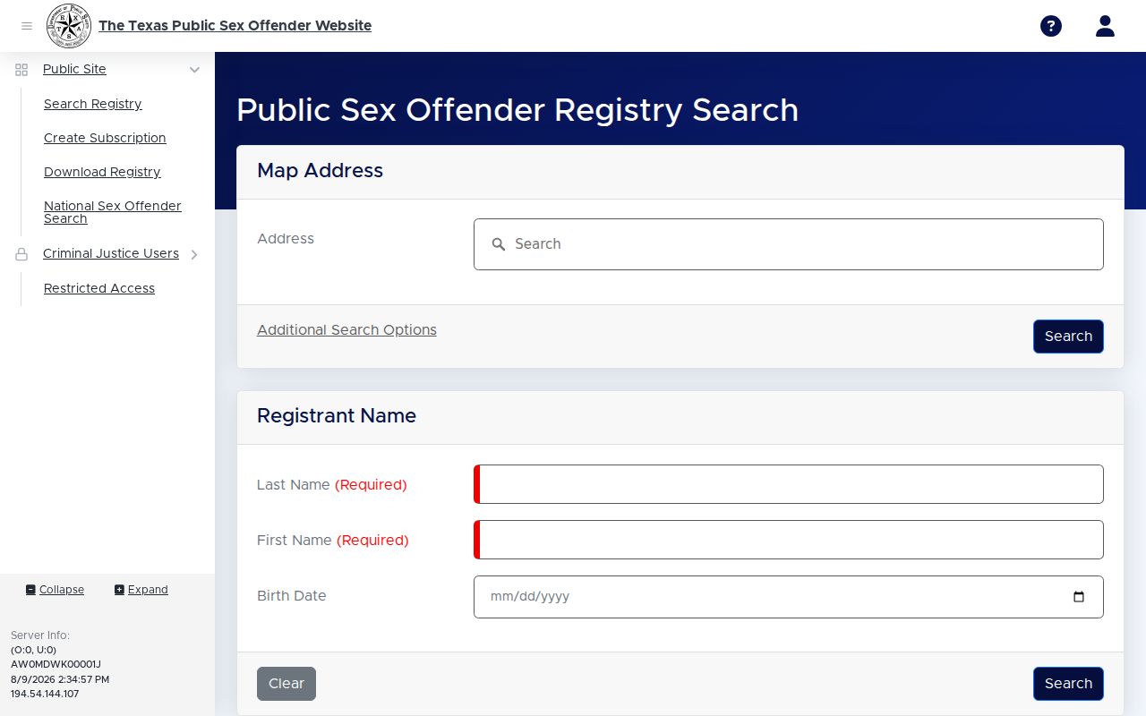 Hartley County sex offender registry name and location search fields
